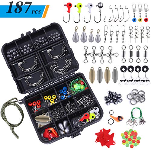 TOPFORT 187pcs Fishing Accessories Kit, Including Jig Hooks, Bullet Bass Casting Sinker Weights, Different Fishing Swivels Snaps, Sinker Slides, Fishing Line Beads, Fishing Set with Tackle Box…
