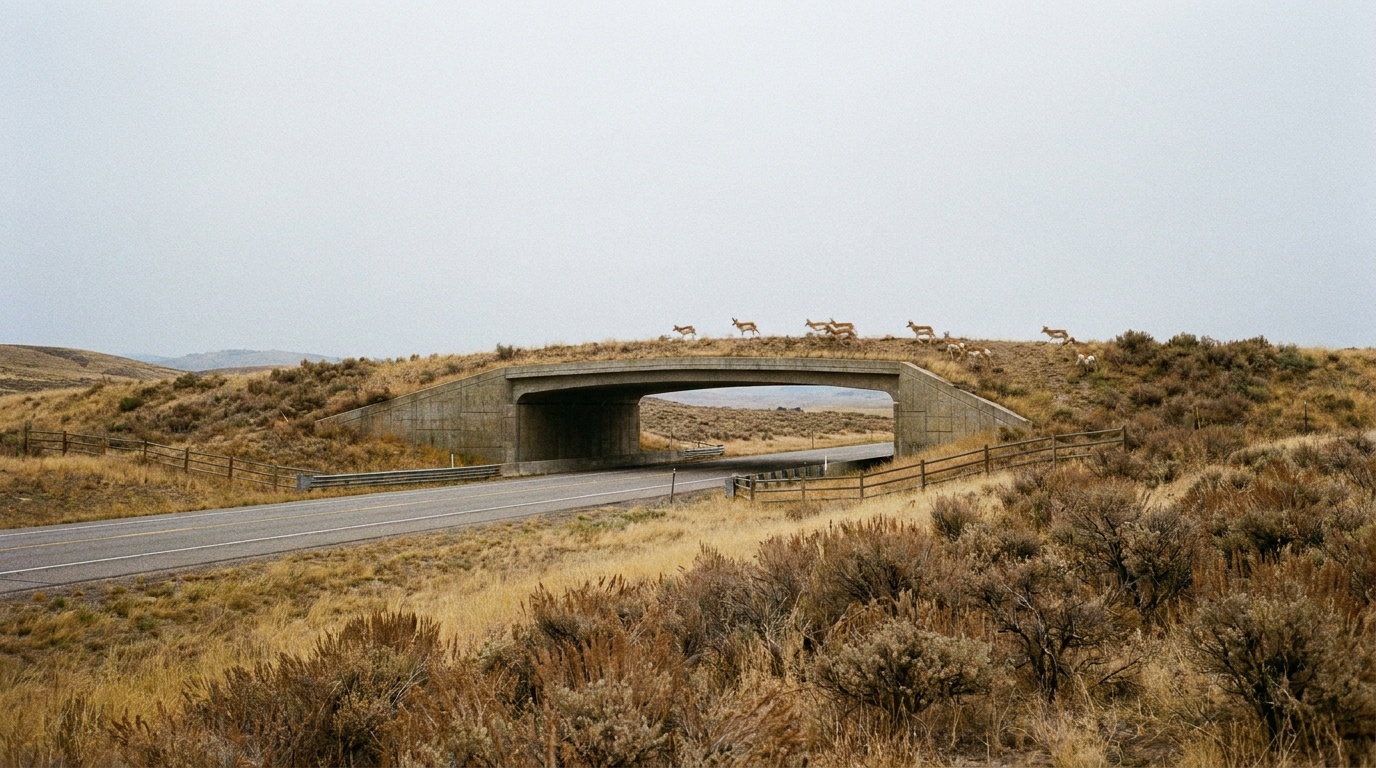 Pronghorn crossing a vegetated wildlife overpass above a highway in western sagebrush country in fall